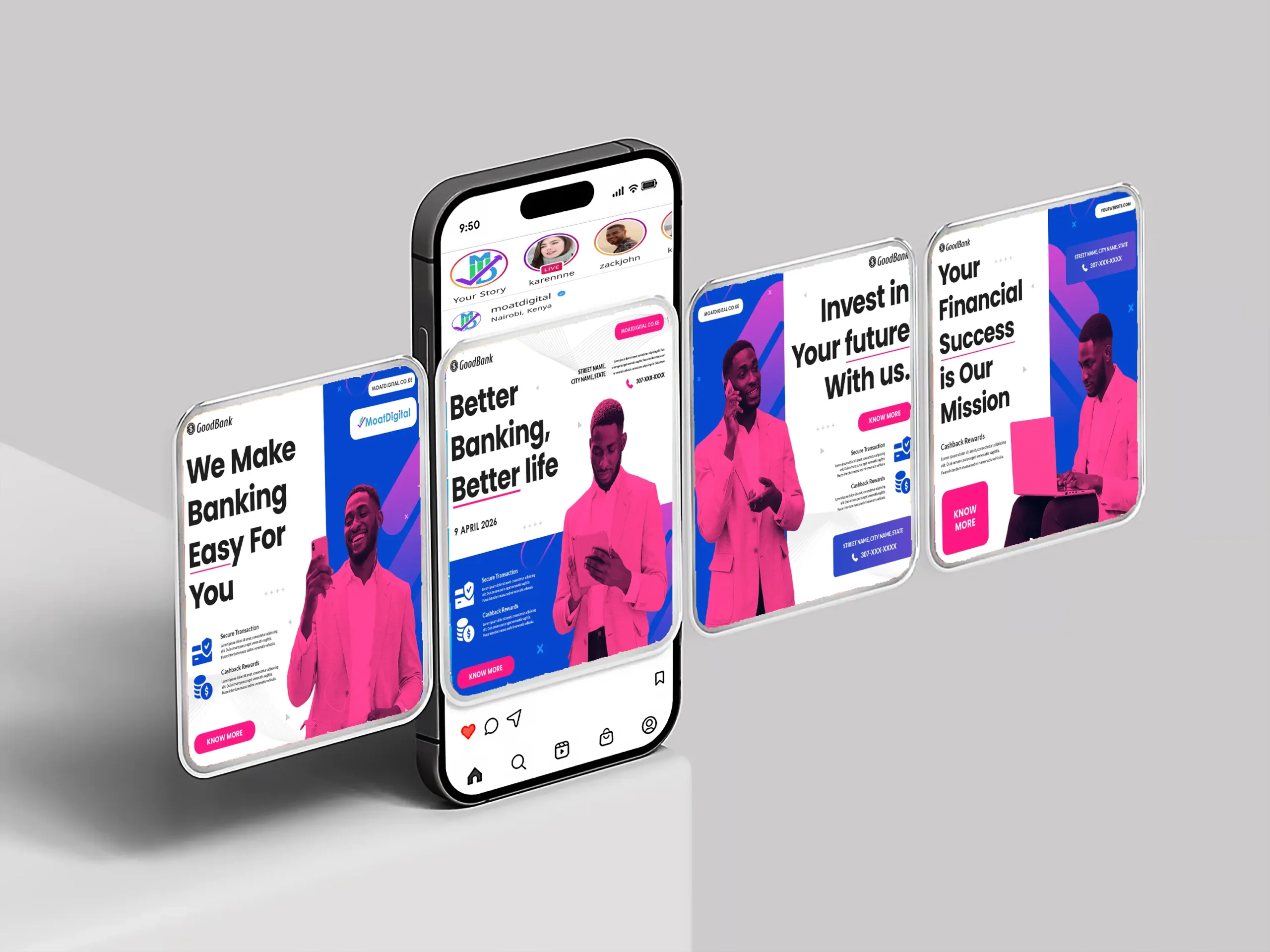 Social media collateral design collection showing profile banners, story templates, and brand assets for Nairobi businesses by Moat Digital