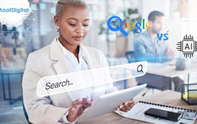 Infographic comparing 27 alternative search engines to Google including Perplexity.ai, DuckDuckGo, Brave Search, You.com, Ecosia, Yandex, Baidu, Naver, Pinterest Visual Search, and more with traffic data and SEO optimization tips from Moat Digital.