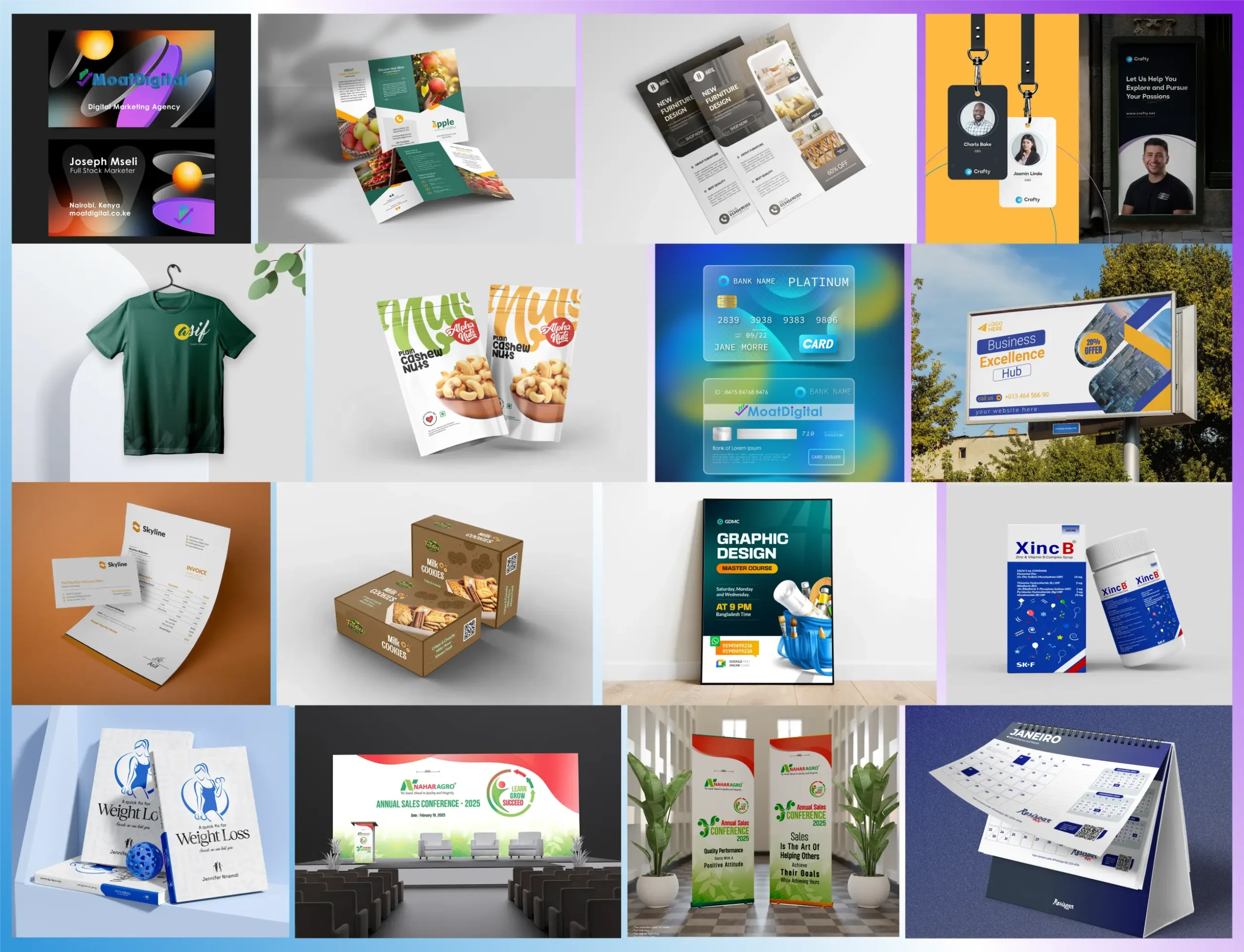 Moat Digital print design services in Nairobi Kenya showcasing business card design, custom posters, leaflet design, and branded materials for small to large enterprises